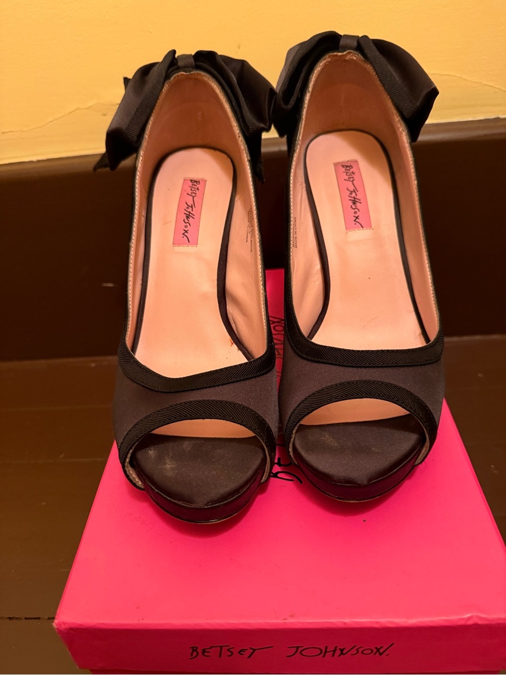 Betsey Johnson Black Open-Toe Bow Platform Heels